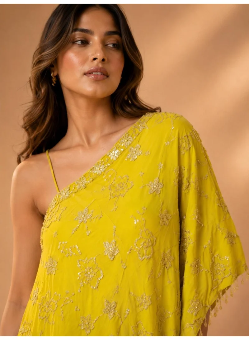 Lehar  Lime Yellow One-Shoulder Embroidered Cape Palazzo Set for Women | Best Price UAE