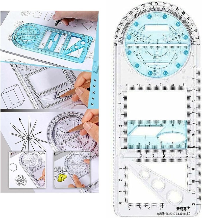 ويوبلز مسطرة رسم متعددة الوظائف للرياضيات والهندسة والقياس والرسم والتدريس، أداة قياس جديدة لعام 2021، مساطر رسم بلاستيكية للوازم المكتبية المدرسية (أزرق شفاف) - Image 1