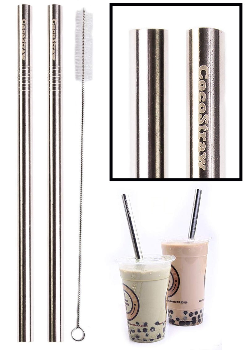 CocoStraw 2 BOBA Straw Stainless Steel Extra Wide 1/2" x 9.5" Long Tapioca Pearl Bubble Tea Thick FAT - CocoStraw Brand - Image 1