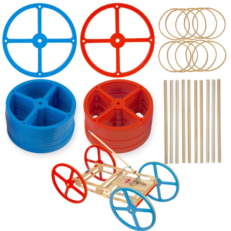 STEM Inventions Large Plastic Toy Project Wheels and Axles for Mousetrap Car and Rubber Band Car Projects 20 Wheels 20 Rubber Bands 10 Dowels - Image 2