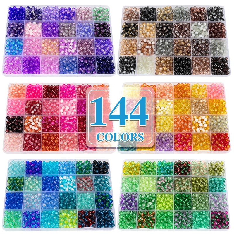 XSEINO About 7200pcs 144 Colors 6mm Crackle Glass Beads Bracelet Making Kit,6Box Different Style Crack Series Colorful Crystal Beads for Bracelet Jewelry Making,DIY Crafts,Friendship Bracelets - Image 1