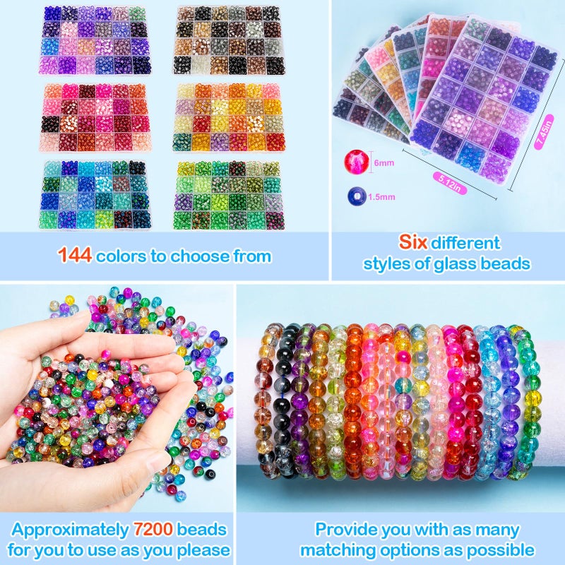 XSEINO About 7200pcs 144 Colors 6mm Crackle Glass Beads Bracelet Making Kit,6Box Different Style Crack Series Colorful Crystal Beads for Bracelet Jewelry Making,DIY Crafts,Friendship Bracelets - Image 4