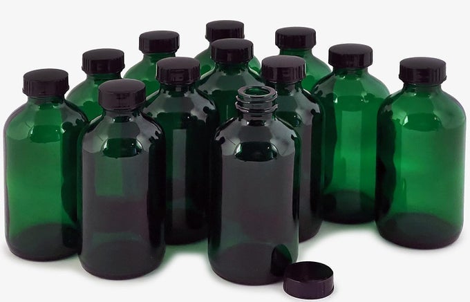 12 GREEN 8 OZ GLASS BOTTLES WITH LIDS