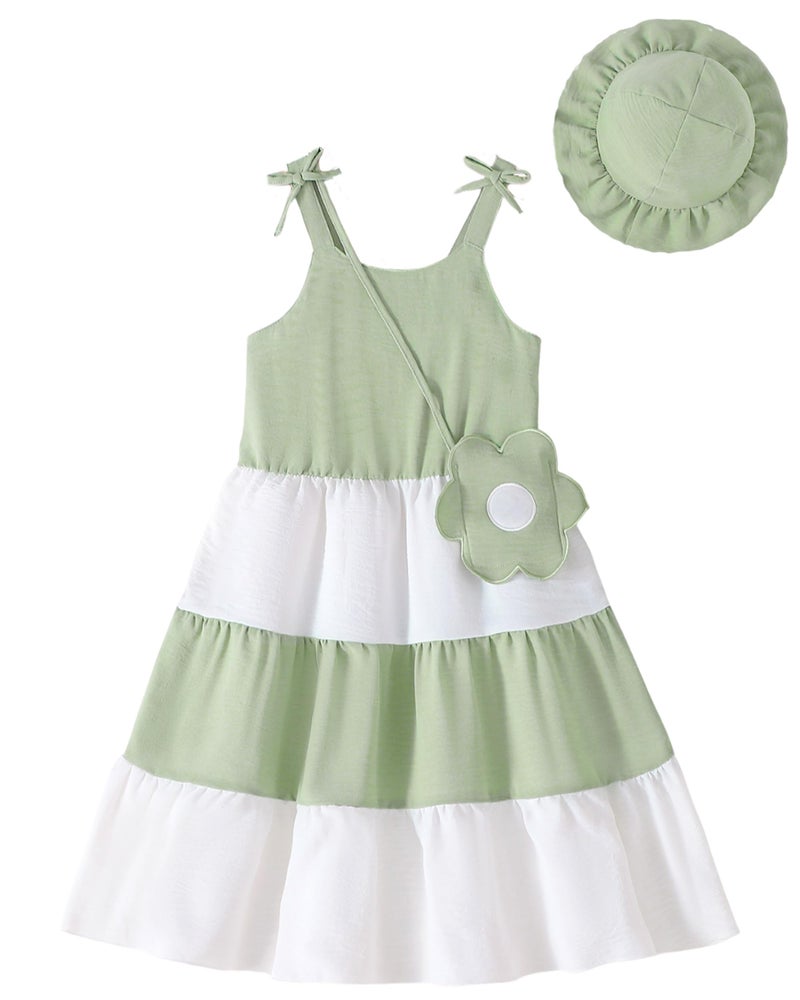 Yhnslsf Summer Toddler Girls Dresses 3T Spring Casual Sleeveless Dress 3-Piece Little Girl Essentials Outfits Gifts Green White Color Block 2T Girlsâ€™ Bowknot Sling Sundress with Floral Bag and Hat - Image 1