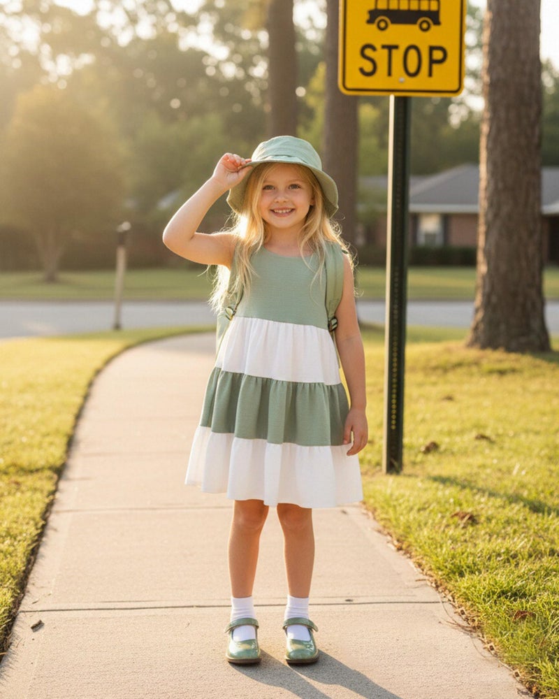 Yhnslsf Summer Toddler Girls Dresses 3T Spring Casual Sleeveless Dress 3-Piece Little Girl Essentials Outfits Gifts Green White Color Block 2T Girlsâ€™ Bowknot Sling Sundress with Floral Bag and Hat - Image 3