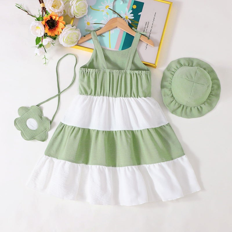 Yhnslsf Summer Toddler Girls Dresses 3T Spring Casual Sleeveless Dress 3-Piece Little Girl Essentials Outfits Gifts Green White Color Block 2T Girlsâ€™ Bowknot Sling Sundress with Floral Bag and Hat - Image 5