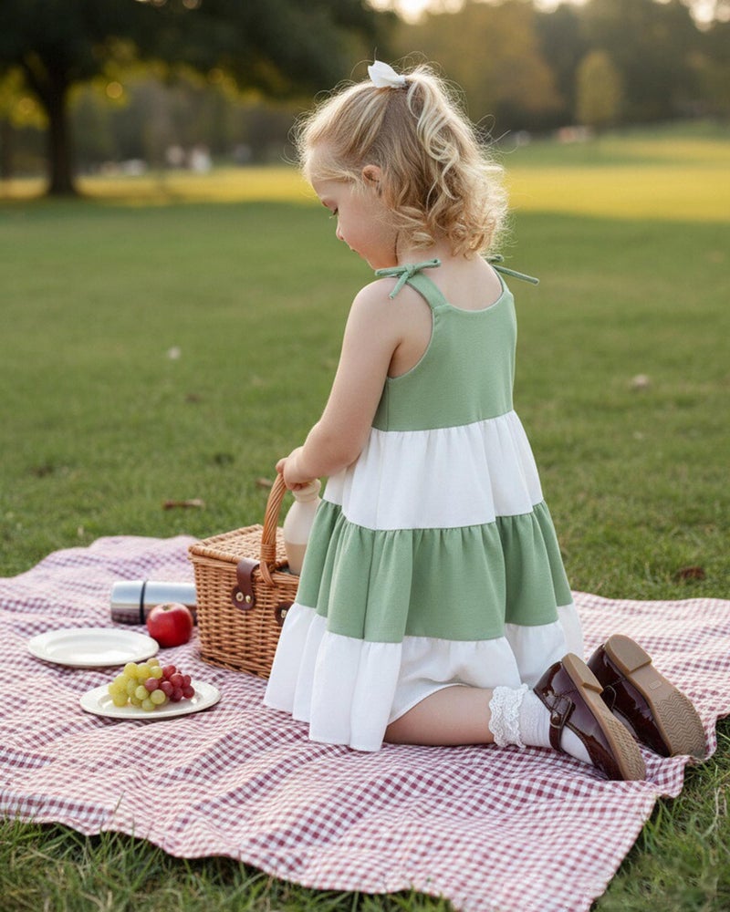 Yhnslsf Summer Toddler Girls Dresses 3T Spring Casual Sleeveless Dress 3-Piece Little Girl Essentials Outfits Gifts Green White Color Block 2T Girlsâ€™ Bowknot Sling Sundress with Floral Bag and Hat - Image 2