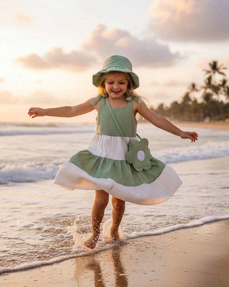 Yhnslsf Summer Toddler Girls Dresses 3T Spring Casual Sleeveless Dress 3-Piece Little Girl Essentials Outfits Gifts Green White Color Block 2T Girlsâ€™ Bowknot Sling Sundress with Floral Bag and Hat - Image 4
