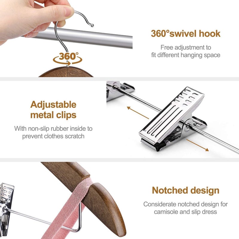 HOUSE DAY Pack of 12 Walnut Color Wooden Suit Hangers with Clips - Image 3