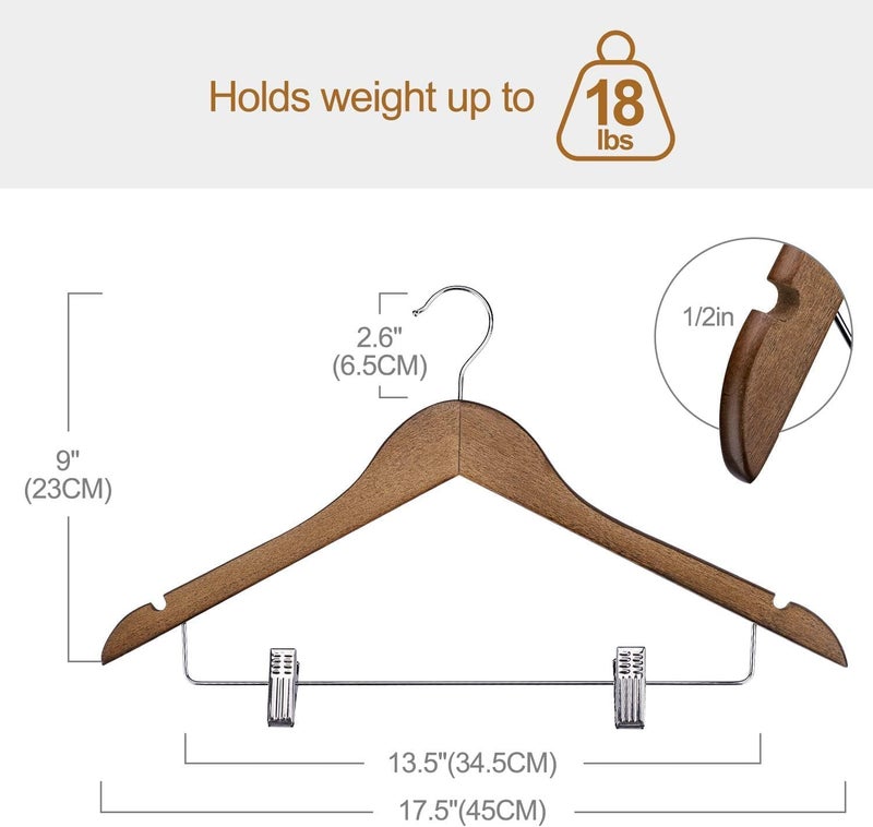 HOUSE DAY Pack of 12 Walnut Color Wooden Suit Hangers with Clips - Image 2