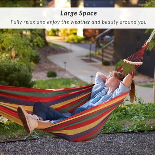 Baskety Double Person Cotton Canvas Hammock with Spreader Bars, Ultralight Travel & Camping Swing Bed for Balcony, Garden, Outdoor & Beach – Max Load 200KG, Red (280 x 100 cm) - Image 2