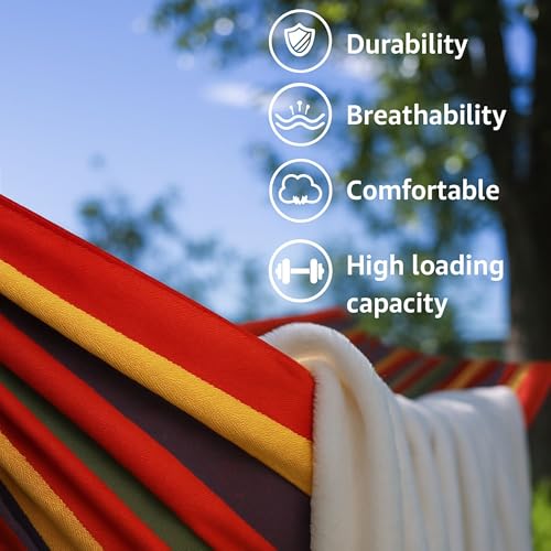 Baskety Double Person Cotton Canvas Hammock with Spreader Bars, Ultralight Travel & Camping Swing Bed for Balcony, Garden, Outdoor & Beach – Max Load 200KG, Red (280 x 100 cm) - Image 3