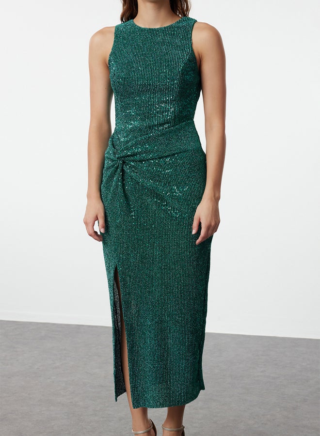 trendyol Emerald Body-fitting Knitted Glitter Sequin Knitted Sequin Elegant Long Evening Dress  - Image 3