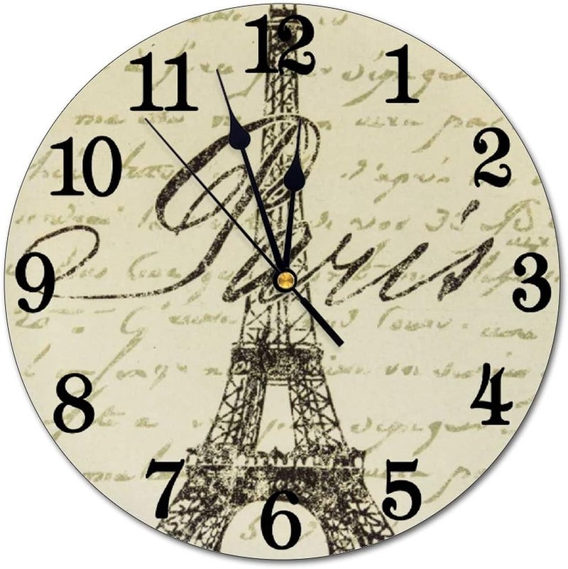 Abucaky Vintage Eiffel Tower Wall Clock Battery Operated Silent Round Clock Paris Theme Wall Decor for Home, Office, School 9.8 Inch - Image 1