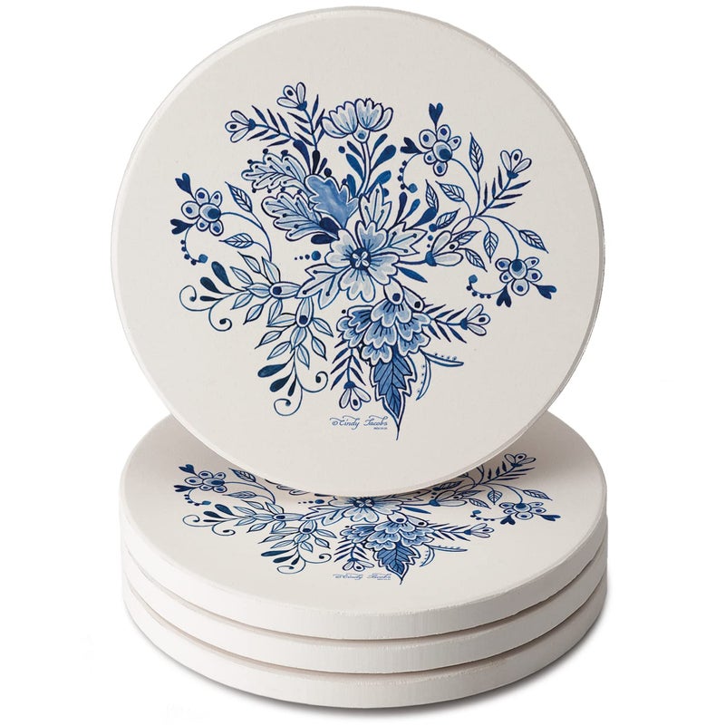 Thirstystone Blue  White Floral 4 Pack Round Absorbent Stone Coasters with Protective Cork Backing Manufactured in The USA Artistic Absorbent Easily Wipes Clean