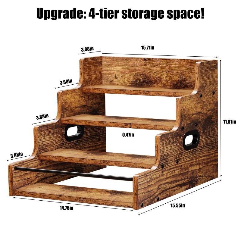 KLM Liquor Bottle Display Shelf, Coffee Syrup Rack Organizer, 4 Step Countertop Liquor Wine Rack, mini bar,liquor cabinet, Home Retro Bar Shelf Stand for Liquor Whiskey, (Brown) - Image 4