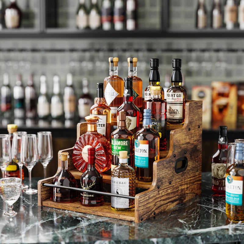 KLM Liquor Bottle Display Shelf, Coffee Syrup Rack Organizer, 4 Step Countertop Liquor Wine Rack, mini bar,liquor cabinet, Home Retro Bar Shelf Stand for Liquor Whiskey, (Brown) - Image 2
