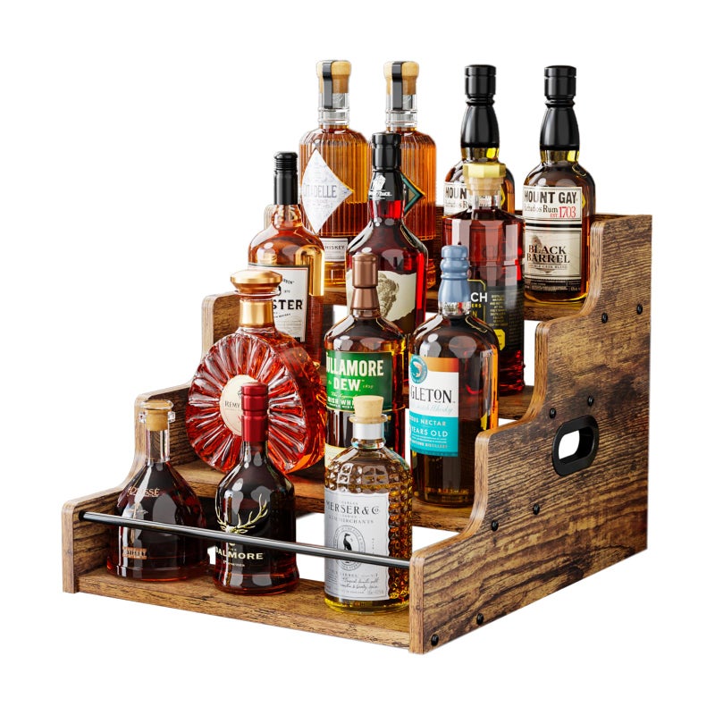 KLM Liquor Bottle Display Shelf, Coffee Syrup Rack Organizer, 4 Step Countertop Liquor Wine Rack, mini bar,liquor cabinet, Home Retro Bar Shelf Stand for Liquor Whiskey, (Brown) - Image 1