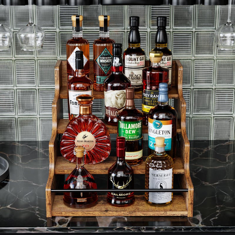 KLM Liquor Bottle Display Shelf, Coffee Syrup Rack Organizer, 4 Step Countertop Liquor Wine Rack, mini bar,liquor cabinet, Home Retro Bar Shelf Stand for Liquor Whiskey, (Brown) - Image 5