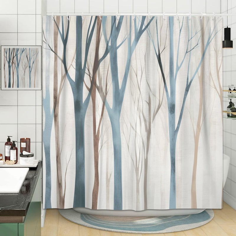 MERCHR Brown Blue Tree Fabric Shower Curtain, Art Style Abstract Birch Forest Rustic Wood Polyester Fabric Waterproof Bath Curtain, Farmhouse Bathroom Shower Curtains with Hooks 72X72 inch - Image 3