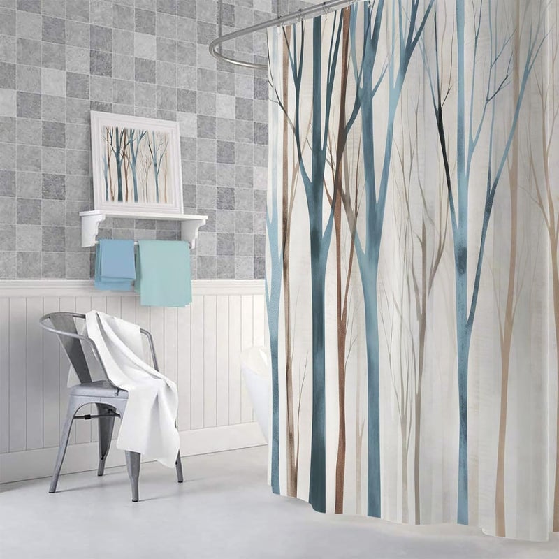 MERCHR Brown Blue Tree Fabric Shower Curtain, Art Style Abstract Birch Forest Rustic Wood Polyester Fabric Waterproof Bath Curtain, Farmhouse Bathroom Shower Curtains with Hooks 72X72 inch - Image 4