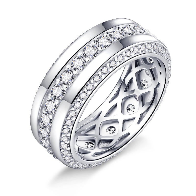 LOIPURI Men's Wedding Band White Gold Plated Wedding Ring with 3 Row Classic 2.94CT Round Cut Cubic Zirconia 9mm Width Silver Engagement Ring Size 10 - Image 1