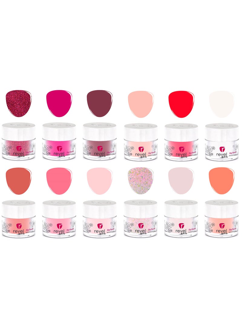 Revel Nail - Revel Nail Dip Powder - Pink Dip Powder for Nails, Chip Resistant Dip Nail Powder with Vitamin E and Calcium, DIY Manicure, 12-Pack Light Pink & Red Dip Powder Set - Image 1