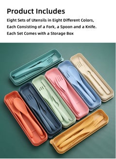 Teuuea 8 Colors Reusable Portable Wheat Straw Cutlery, Travel Utensils Flatware Sets with Case Storage Box, Spoon Knife Fork Tableware Sets, for Lunch Boxes Kids Adult Picnic Camping Outdoor Home Office  - Image 4