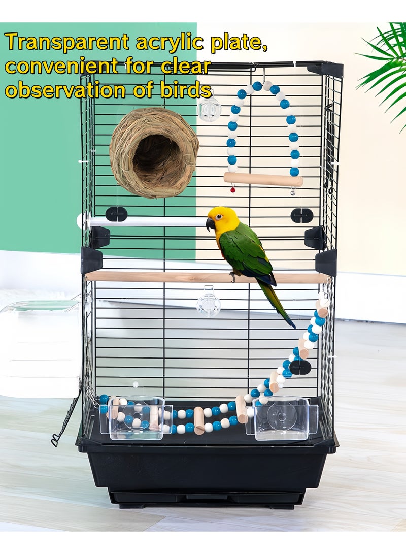مس تيارا قفص طيور أكريليك مُحسّن مع ملحقات، بيت طيور متنقل بمقبض، تصميم شفاف، باب مزدوج للتغذية، حوض استحمام، مجثمات، عش، أرجوحة وسلم للطيور الصغيرة. - Image 4