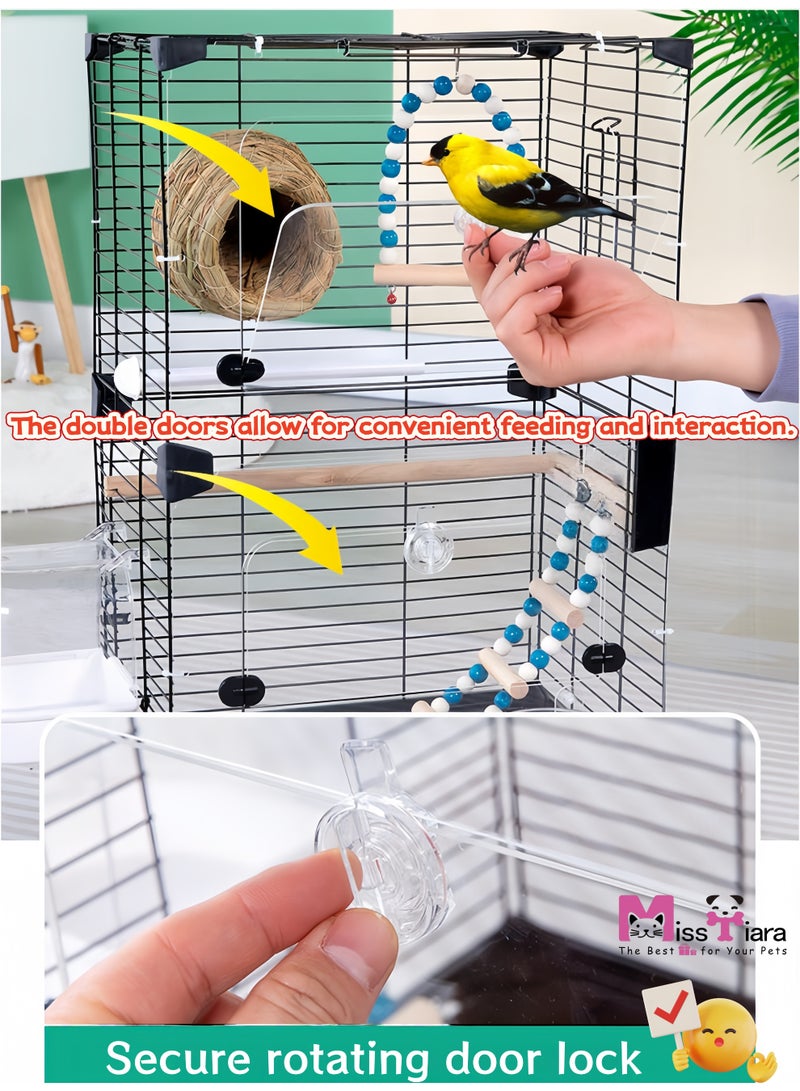 مس تيارا قفص طيور أكريليك مُحسّن مع ملحقات، بيت طيور متنقل بمقبض، تصميم شفاف، باب مزدوج للتغذية، حوض استحمام، مجثمات، عش، أرجوحة وسلم للطيور الصغيرة. - Image 5