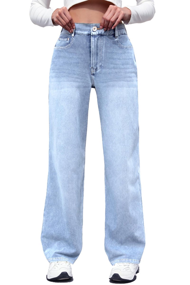 ELLEVEN High Waisted Straight Leg Sweatpant Jeans Woman High Stretchy Pull on Wide Leg Baggy Jeans High Waisted with Elastic Waist Light Blue Large - Image 1