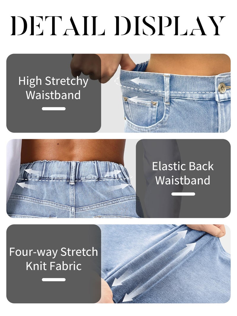 ELLEVEN High Waisted Straight Leg Sweatpant Jeans Woman High Stretchy Pull on Wide Leg Baggy Jeans High Waisted with Elastic Waist Light Blue Large - Image 2