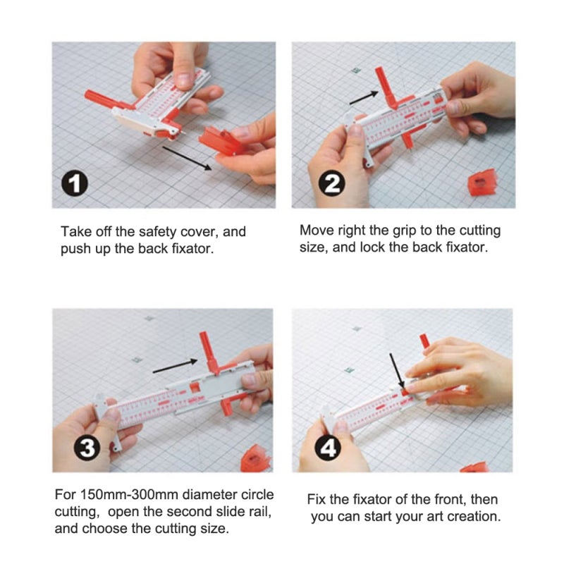 Circle Cutter: 12mm-300mm Cutting Range, Stable Fixed Grip, Precision Craft Tool - Built-in Storage Compartment With 5 Spare Blades 3 Pencil Leads, Red Manual Cutting Tool for DIY Art Paper Photo Card - Image 3