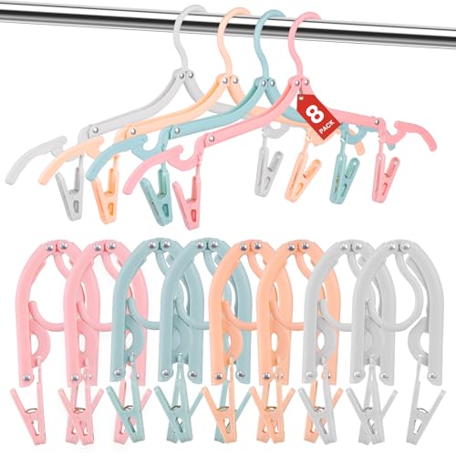 KNZIFPD 8 Pack Foldable Travel Hangers with 16 Clips & Folding Hanger - Space Saving Portable Collapsible Hooks for Cruise, RV, Hotel (Assorted Colors) - Image 1