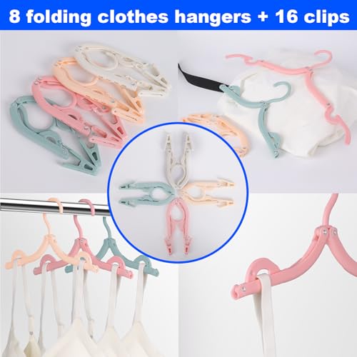 KNZIFPD 8 Pack Foldable Travel Hangers with 16 Clips & Folding Hanger - Space Saving Portable Collapsible Hooks for Cruise, RV, Hotel (Assorted Colors) - Image 5