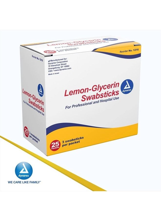 Dynarex - Lemon-Glycerin Swabsticks, Pleasant Tasting Cotton Swabs That Gently Soothes and Refreshes Dry Mouth, 3 Oral Swabsticks per Packet, 1 Box of 75 Lemon-Glycerin Swabsticks - Image 1