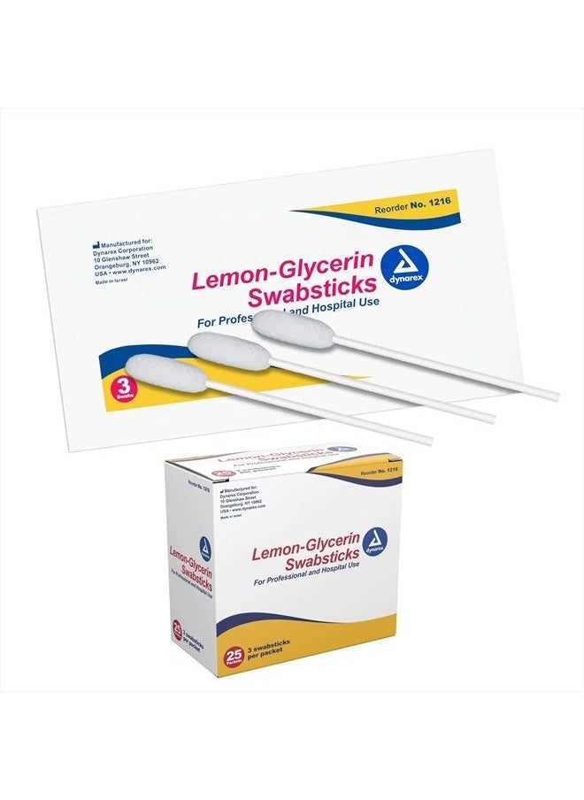 Dynarex - Lemon-Glycerin Swabsticks, Pleasant Tasting Cotton Swabs That Gently Soothes and Refreshes Dry Mouth, 3 Oral Swabsticks per Packet, 1 Box of 75 Lemon-Glycerin Swabsticks - Image 1