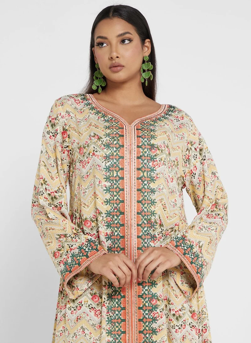 كشخة Geo Floral Printed Jalabiya