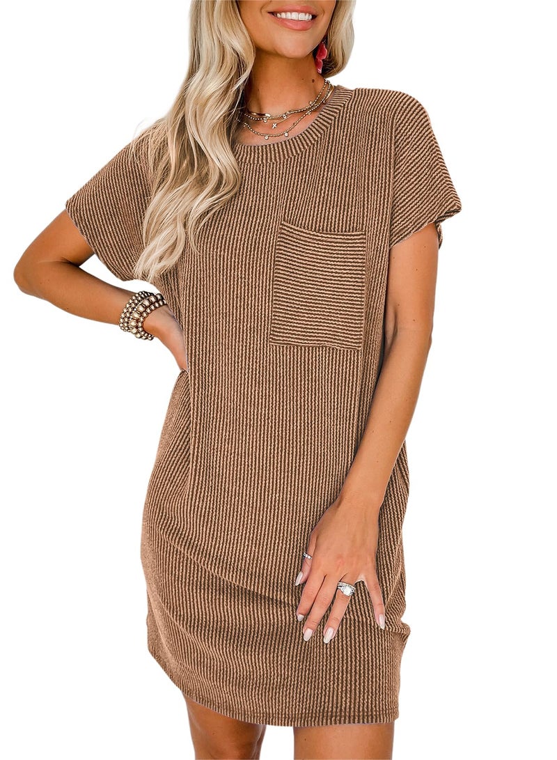 Acelitt Womens Casual Summer Dress 2025 Fashion Crewneck Short Sleeve Trendy Loose Vacation Beach Ribbed Shift Shirt Mini Dresses Red Large - Image 1