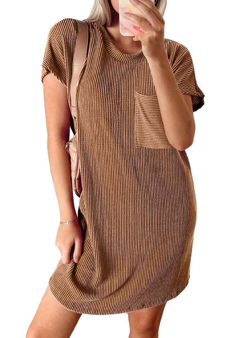 Acelitt Womens Casual Summer Dress 2025 Fashion Crewneck Short Sleeve Trendy Loose Vacation Beach Ribbed Shift Shirt Mini Dresses Red Large - Image 3