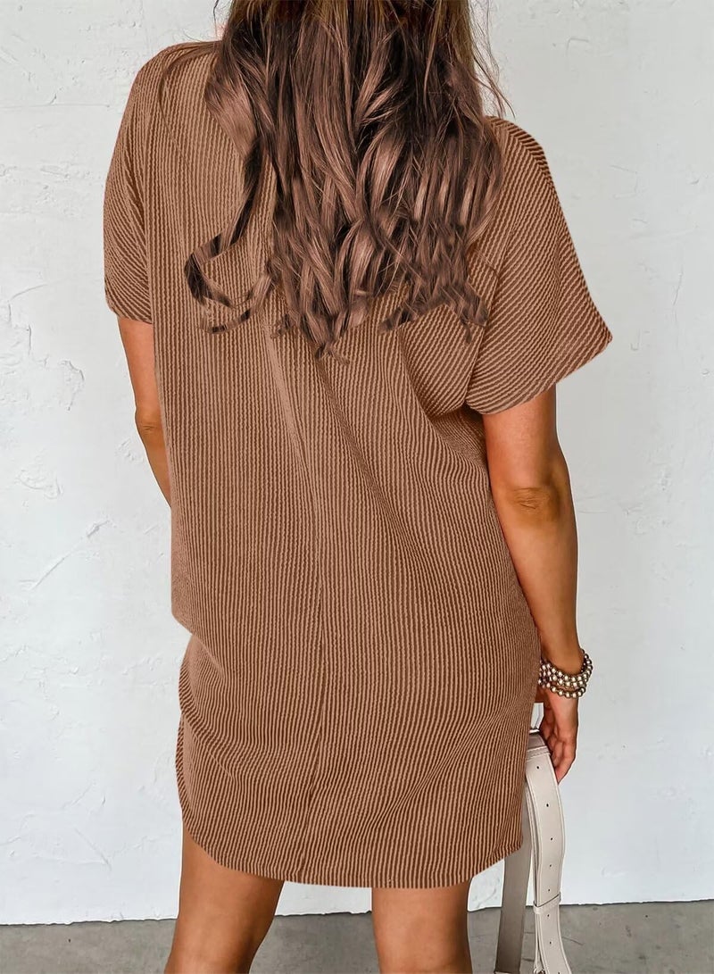 Acelitt Womens Casual Summer Dress 2025 Fashion Crewneck Short Sleeve Trendy Loose Vacation Beach Ribbed Shift Shirt Mini Dresses Red Large - Image 5
