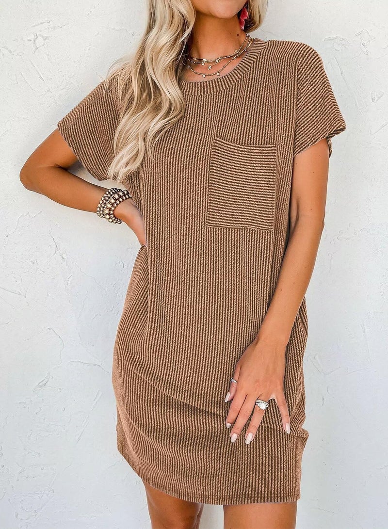 Acelitt Womens Casual Summer Dress 2025 Fashion Crewneck Short Sleeve Trendy Loose Vacation Beach Ribbed Shift Shirt Mini Dresses Red Large - Image 2