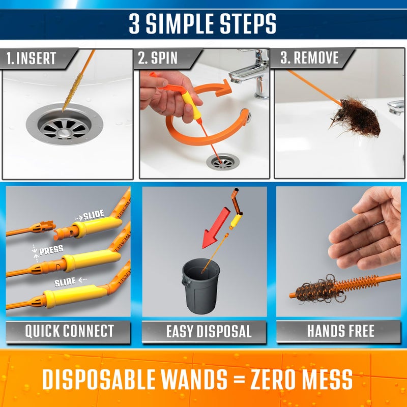 FlexiSnake Drain Weasel Sink Snake Hair Clog Remover Tool, Sink, Pipe, Bathroom, Bathtub Drain Cleaner, 18-inch Long, Flexible, Made in The USA, 10 Pack Wand Refills and Removable Handle - Image 3
