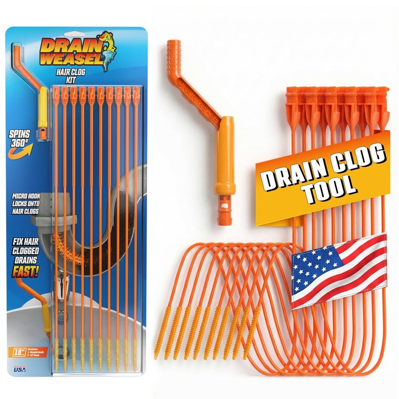 FlexiSnake Drain Weasel Sink Snake Hair Clog Remover Tool, Sink, Pipe, Bathroom, Bathtub Drain Cleaner, 18-inch Long, Flexible, Made in The USA, 10 Pack Wand Refills and Removable Handle - Image 1