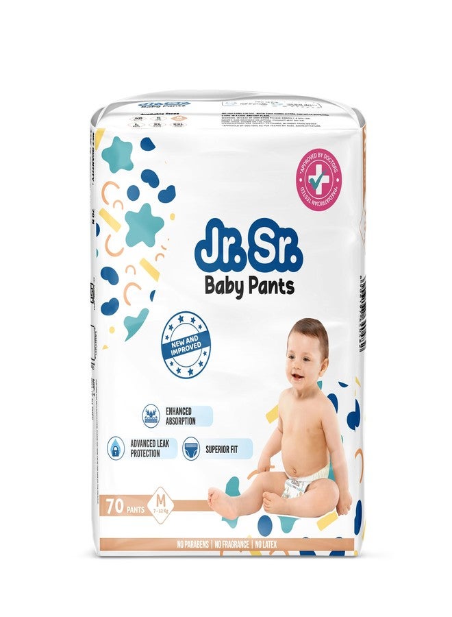Jr. Sr. Baby Diaper Pants | Medium (M) Size (7-12 kg), 70 Count | Pack of 1 | Upto 12 hr Absorption with Advanced Leak Protection | Safe For Babies Skin | Soft, Secure & Comfy - Image 1