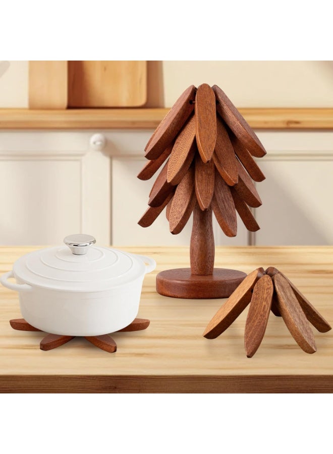 صن سباير ركائز خشبية للأطباق الساخنة ، كوستر الأطباق الساخنة مع شجرة خشبية قابلة للطي على شكل شجرة شجرة الوسادة الساخنة الركيزة للمطعم ، 4 ركيزة خشبية + 1 حامل (خشب الجوز) - Image 2