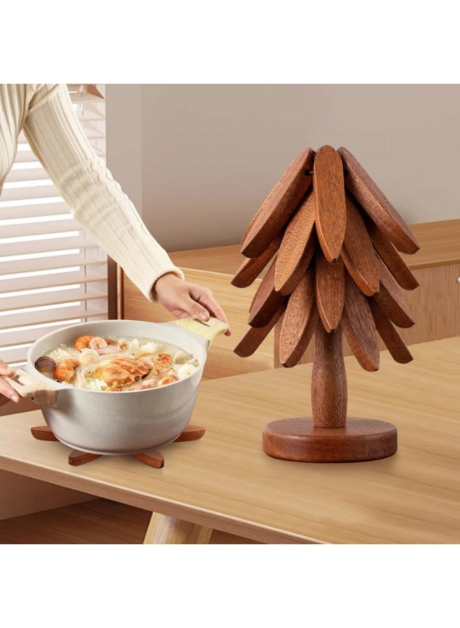 صن سباير ركائز خشبية للأطباق الساخنة ، كوستر الأطباق الساخنة مع شجرة خشبية قابلة للطي على شكل شجرة شجرة الوسادة الساخنة الركيزة للمطعم ، 4 ركيزة خشبية + 1 حامل (خشب الجوز) - Image 5