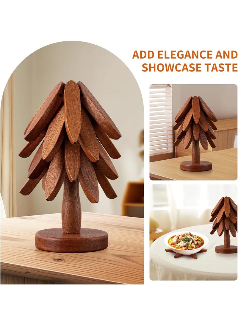صن سباير ركائز خشبية للأطباق الساخنة ، كوستر الأطباق الساخنة مع شجرة خشبية قابلة للطي على شكل شجرة شجرة الوسادة الساخنة الركيزة للمطعم ، 4 ركيزة خشبية + 1 حامل (خشب الجوز) - Image 4