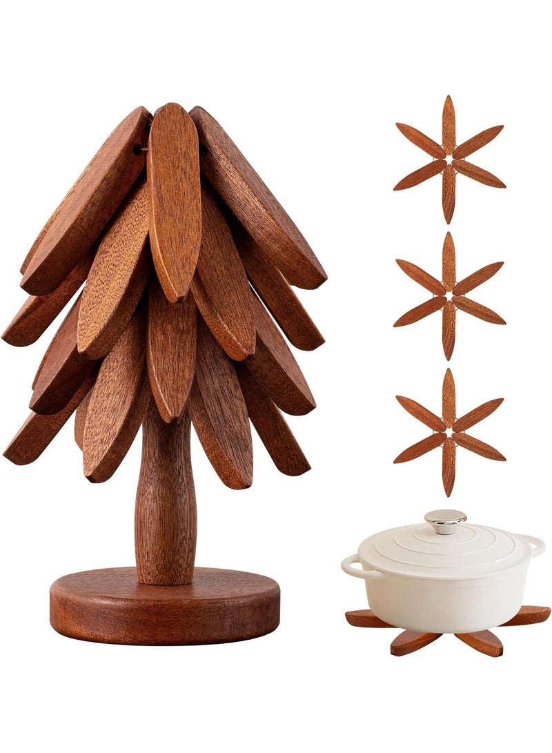 صن سباير ركائز خشبية للأطباق الساخنة ، كوستر الأطباق الساخنة مع شجرة خشبية قابلة للطي على شكل شجرة شجرة الوسادة الساخنة الركيزة للمطعم ، 4 ركيزة خشبية + 1 حامل (خشب الجوز) - Image 1