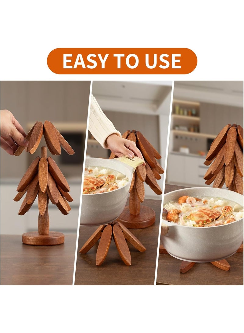 صن سباير ركائز خشبية للأطباق الساخنة ، كوستر الأطباق الساخنة مع شجرة خشبية قابلة للطي على شكل شجرة شجرة الوسادة الساخنة الركيزة للمطعم ، 4 ركيزة خشبية + 1 حامل (خشب الجوز) - Image 3